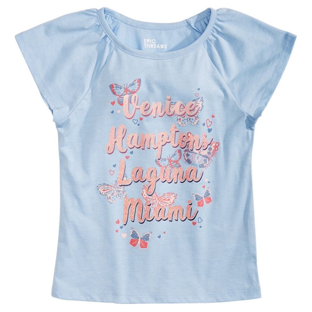 Girls Venice Hamptons Laguna Beach Miami Glitter Butterfly Blue T-shirt Size 3t